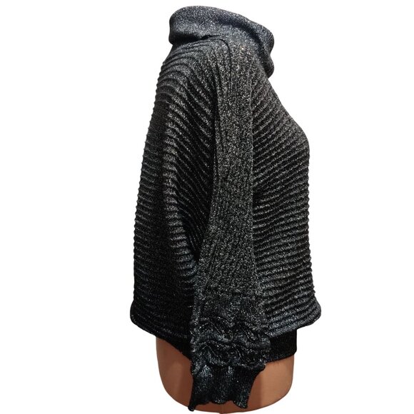Cathy Daniels L Vintage Y2K Black Metallic Knit Cowl Neck 3/4 Sleeve Sweater Top - Picture 3 of 11